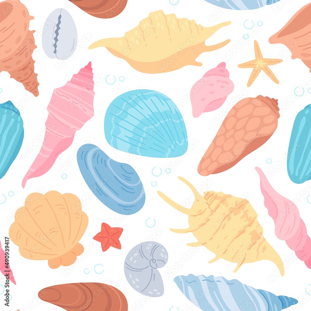 Seashells and starfish, clams, marine life background. Cartoon sea shell, clam, scallop, conch, mollusk, ocean vector seamless pattern Seashells and starfish, clams, marine life background. Cartoon sea shell, clam, scallop, conch, mollusk, ocean vector seamless pattern
