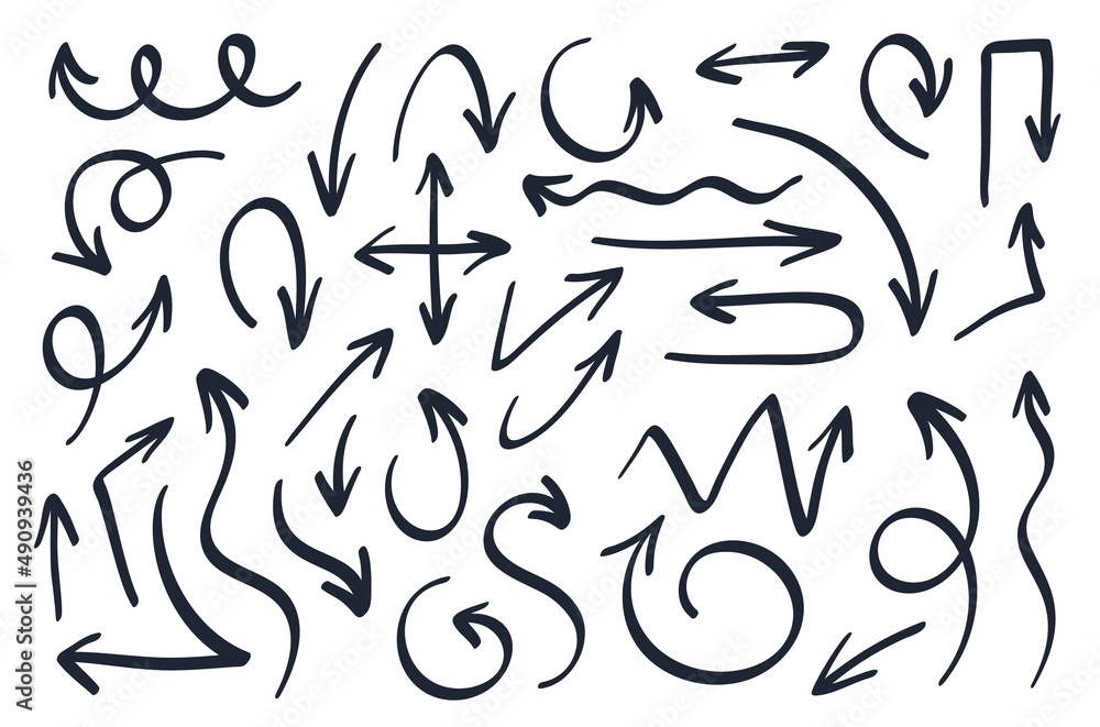 Hand drawn arrows icons, sketch arrow pointing doodles. Scribble pointers, markers, swipe up doodle symbols design elements vector set Hand drawn arrows icons, sketch arrow pointing doodles. Scribble pointers, markers, swipe up doodle symbols design elements vector set
