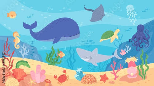 Underwater world, sea animals, marine life scene. Ocean with corals, turtle, whale, jellyfish, octopus, shark, aquatic vector illustration