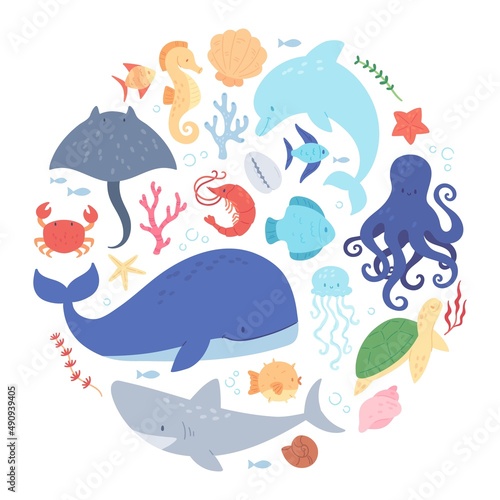 Aquatic life, sea animals, corals, seaweed and seashells. Whale, fish, shark, dolphin, seahorse, underwater creatures and plants in circle vector set