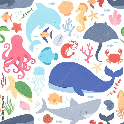 Aquatic underwater creatures, cute sea animals, marine life background. Shark, turtle, dolphin, whale, octopus, ocean animal vector seamless pattern