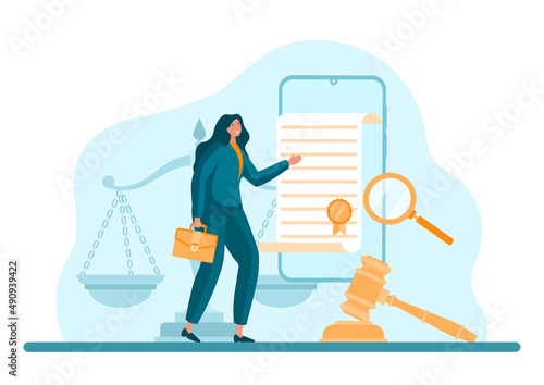 Concept of digital law. Woman with document and magnifying glass. Checking article, working with information, notary and jurisprudence. Certificate or contract. Cartoon flat vector illustration