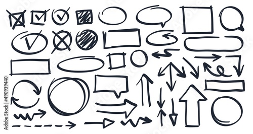Hand drawn arrows, sketch shapes, lines, circles. Scribble sheck and cross marks, doodle speech bubbles, arrow doodles vector set
