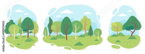 Summer forest landscape, city park scene with green trees and bushes. Flat minimal nature landscapes vector illustration set