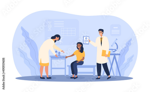 Doctors appointment concept. Man and girl vaccinate patient. Taking care of your health and injections. Woman on examination, choice of treatment method and drugs. Cartoon flat vector illustration