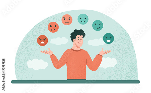 Emotional balance concept. Man develops his emotional intelligence, definition of mood. Consciousness, self development and selfcontrol. Character juggles emoticons. Cartoon flat vector illustration