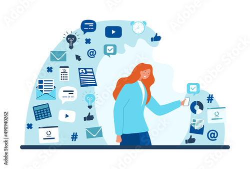 Information overload concept. Girl on phone looking for necessary data. Social networks, news and rumors. Problems of modern world, high pace of life, Internet. Cartoon flat vector illustration