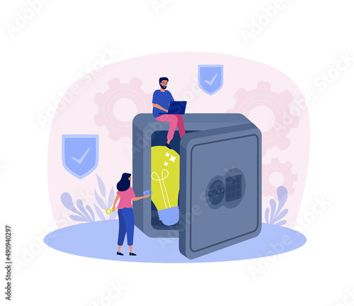 Intellectual property concept. Team put light bulb in safe. Innovation and legislation, legal protection of idea. Modern world and protection of talented authors. Cartoon flat vector illustration