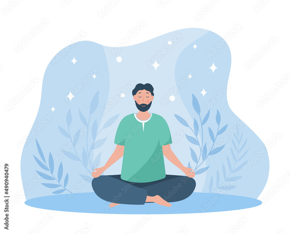 Man sitting meditation. Character in lotus position, relaxation and rest. Tranquility and inner balance, asana, posture. Yoga and sports lifestyle, concentration. Cartoon flat vector illustration