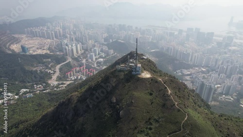 Kowloon peak from Hong Kong to urban skyline, drone point of view