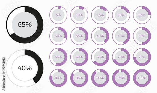 Set of trendy circle infographic pie chart diagrams design elements with percentages.