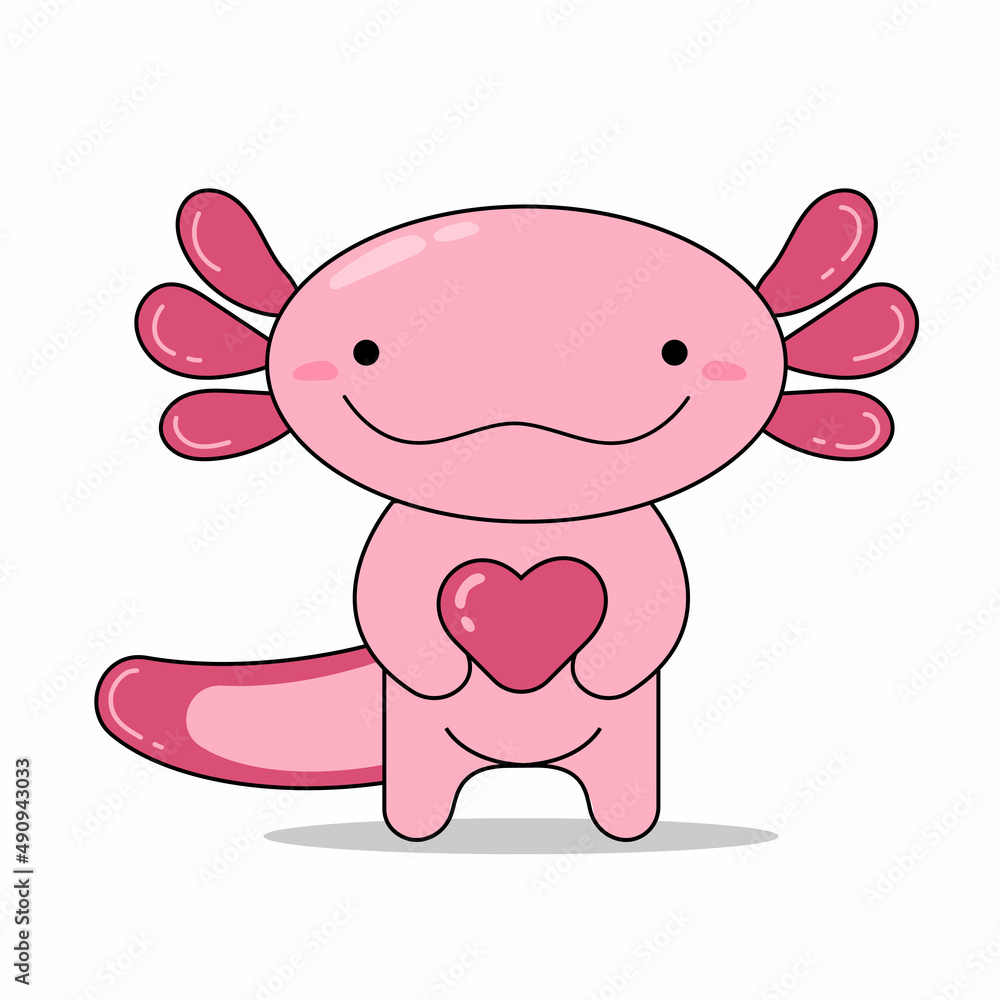 Fototapeta premium Cute cartoon axolotl with heart. Aquatic animal, amphibian. Vector illustration with cute character. Design element for baby textile, cards, banner, poster, book illustrations