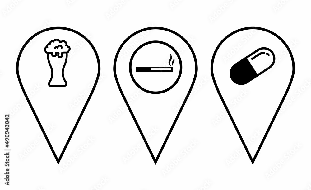 Location icons set. Navigation icons. Map pointer icons. Location symbols. Location pins with bar, pub, beer, cigarettes, smoking area, addiction, pill, medicine. Vector illustration Location icons set. Navigation icons. Map pointer icons. Location symbols. Location pins with bar, pub, beer, cigarettes, smoking area, addiction, pill, medicine. Vector illustration