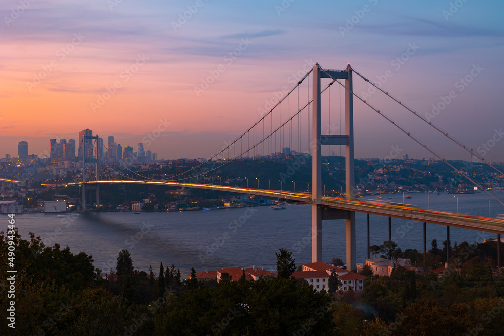 Obraz premium Istanbul background photo. Bosphorus Bridge at sunset. Noise included