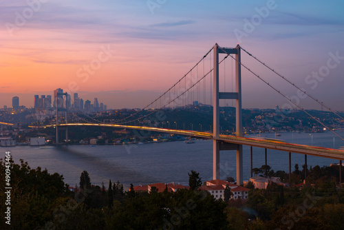 Istanbul background photo. Bosphorus Bridge at sunset. Noise included