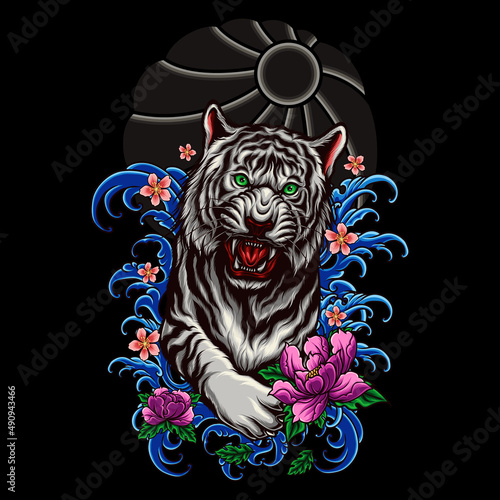 tiger walking on waves japanese style vector illustration