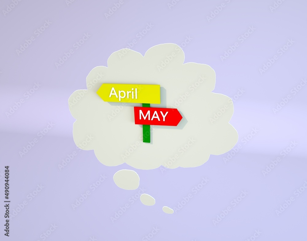 Street Sign the Direction Way. Bubble speech area with arrows pointing two opposite directions towards April and May
3d render Street Sign the Direction Way. Bubble speech area with arrows pointing two opposite directions towards April and May
3d render