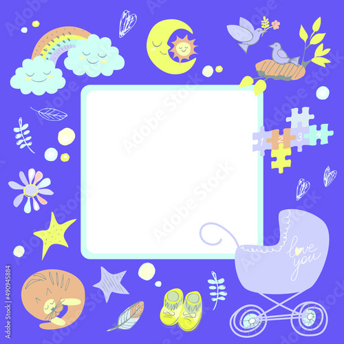 A frame with cute children's items. Cartoon doodle newborn's clipart for baby photo albom, invitation card, children's room, poster. Vector sun, moon, rainbow, stars, birds, flowers, leaves, hearts. 