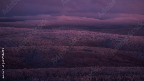 Winter snowy scenery during sunset. Field covered with snow at sunset. Gradient color