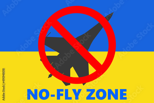 No-fly zone to russian invasion war in Ukraine. Close the sky. Save Ukrainian people from war. Russian fighter aircraft. Ukraine flag No fly zone status
