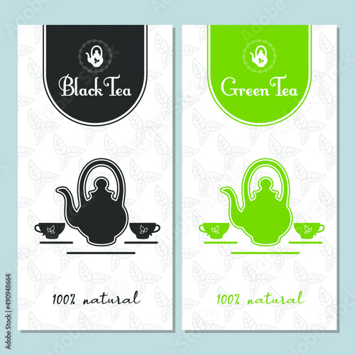 Packaging design for black and green tea. Tea bag template, labels with teapot and cups. Isolated vector illustration.
