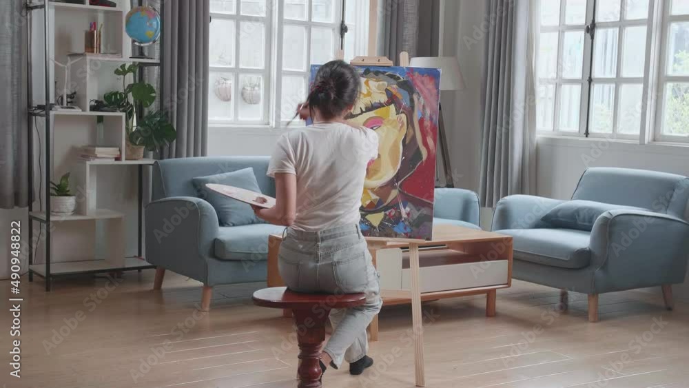 Talented Female Artist Energetically, Enthusiastically Using Paint Brush She Creates Modern Masterpiece Of The Oil Painting. Creative Studio With Canvas
Talented Female Artist Energetically, Enthusiastically Using Paint Brush She Creates Modern Masterpiece Of The Oil Painting. Creative Studio With Canvas