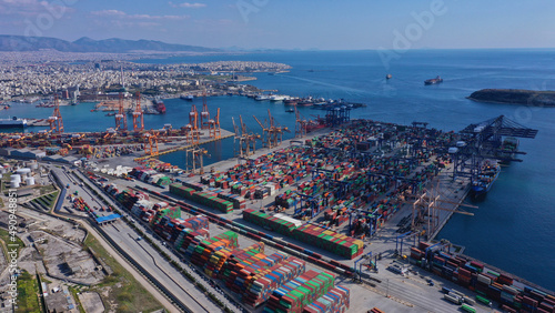 Aerial drone photo of industrial logistics unloading import and export container terminal of Perama - Piraeus, Attica, Greece