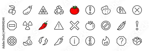 WARNINGS simple set of thin line vector icons. Contains icons such as warning, exclamation mark, reuse, warning sign and more. Editable stroke. Vector illustration