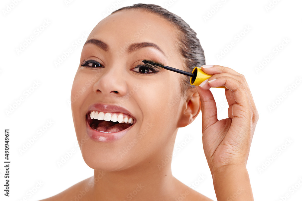 Inner beauty is great, but a little mascara never hurts. Studio shot of a beautiful young woman applying mascara against a white background. Inner beauty is great, but a little mascara never hurts. Studio shot of a beautiful young woman applying mascara against a white background.