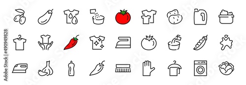 Simple set of washing related vector line Icons. Contains icons such as washing machine, powder, laundry, dirty t-shirt and much more. On a white background, editable stroke. 48x48 pixels perfect