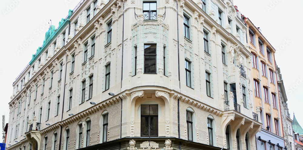 Riga, Latvia - Facade of Building in Art Nouveau architecture style in Riga, capital of Latvia;