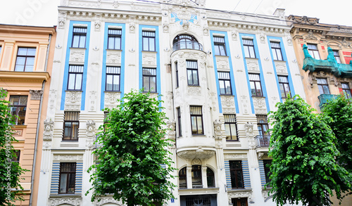 Riga, Latvia - Blue and white building in Art Nouveau architecture style in Riga, capital of Latvia; Alberta Street