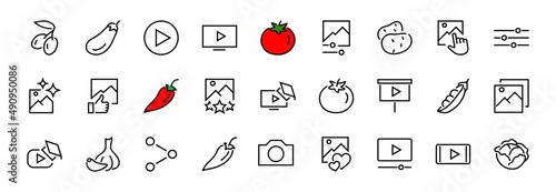 Gallery Set of Images vector line icons. Contains icons such as video, play video, edit images, Business Training, like photo. Editable stroke. Vector illustration