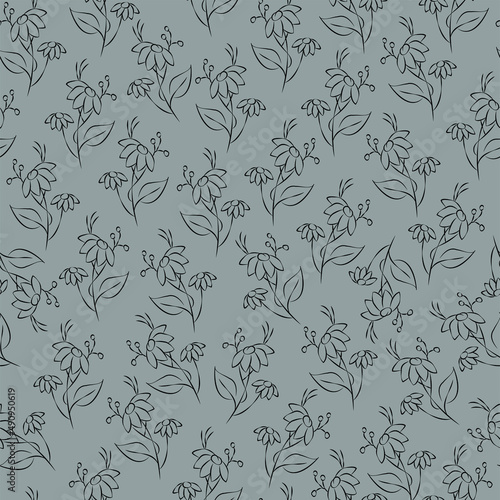 Vector green gray illustration. Floral seamless pattern. Bouquet of wild flowers. Hand drawn flower field. Simple flowers. Flowering heads of field chamomile. Outline drawing.