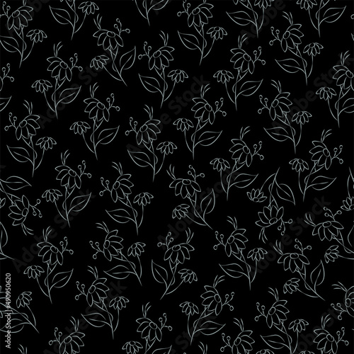 Vector green gray illustration. Floral seamless pattern. Bouquet of wild flowers. Hand drawn flower field. Simple flowers. Flowering heads of field chamomile. Outline drawing.