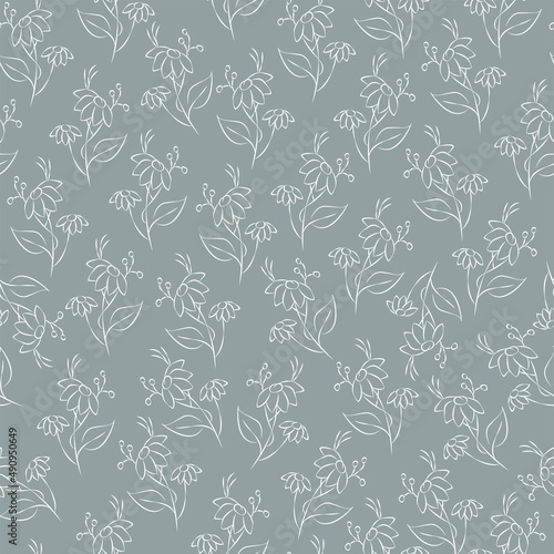 Vector green gray illustration. Floral seamless pattern. Bouquet of wild flowers. Hand drawn flower field. Simple flowers. Flowering heads of field chamomile. Outline drawing.