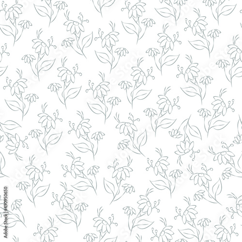 Vector green gray illustration. Floral seamless pattern. Bouquet of wild flowers. Hand drawn flower field. Simple flowers. Flowering heads of field chamomile. Outline drawing.