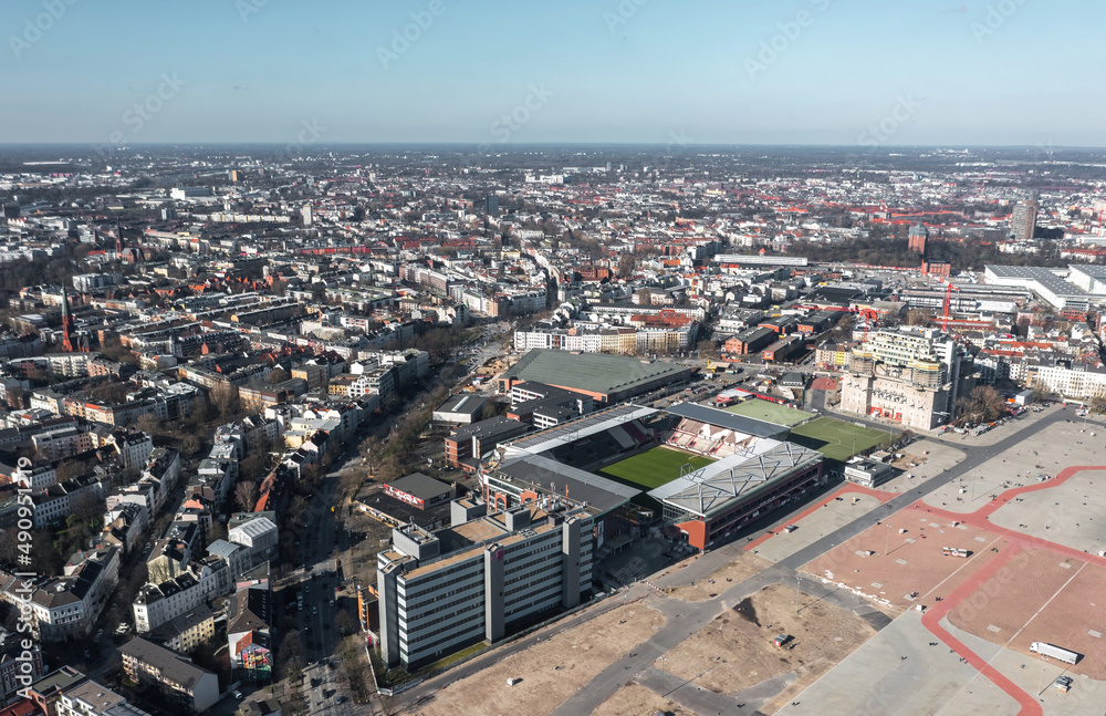 Aerial spring view over St. Pauli district and stadium in Hamburg, Germany