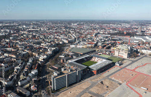 Obraz na płótnie Aerial spring view over St. Pauli district and stadium in Hamburg, Germany w salonie