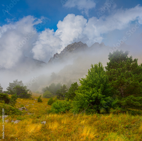 green mountain valley under cloudy sky in dense mist, outdoor travel scene
