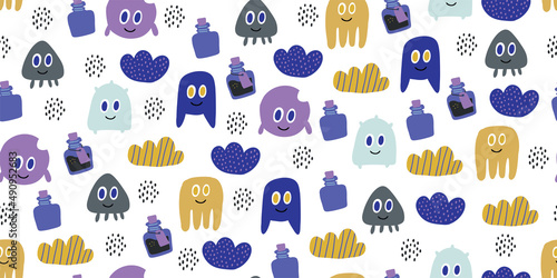 Seamless pattern with colorful magic cartoon bottles, cartoon monsters, clouds. Magic elixir hand drawn pattern design on white background. Scandinavian style magician pattern