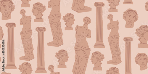 Classical design with ancient ionic order column and Venus Milos statues. Vector seamless pattern in doodle cartoon style. Museum pattern for adults and kids photo