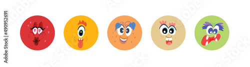 Cartoon monster faces with emotions in round  - monster, fruit, smile, watermelon, fire, angry, surprised face