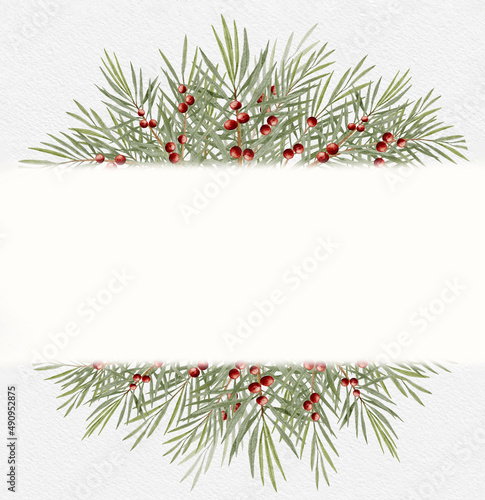 Christmas greeting card  Watercolour digital hand paint Branch of juniper with red berries on border with copy space  Illustration Happy New year banner with fir branches and holly berries on frame