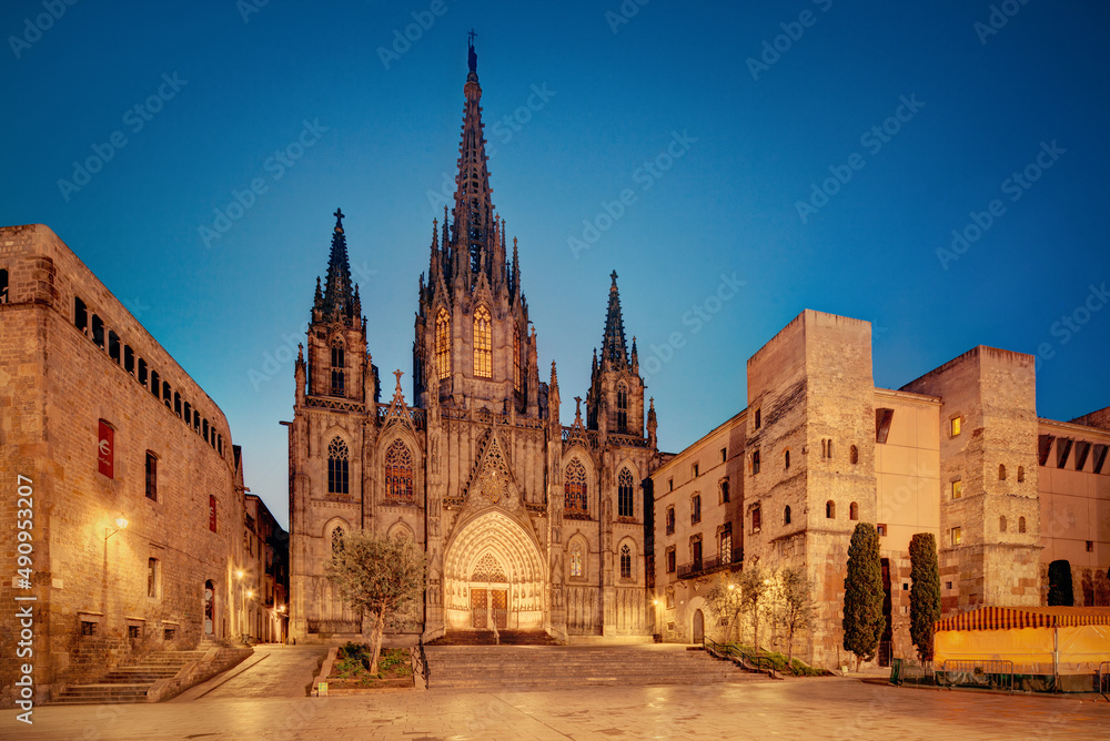 Barcelona katedra, gotyk kataloński, średniowieczny kościół hiszpański fasada nocą - obrazy, fototapety, plakaty 