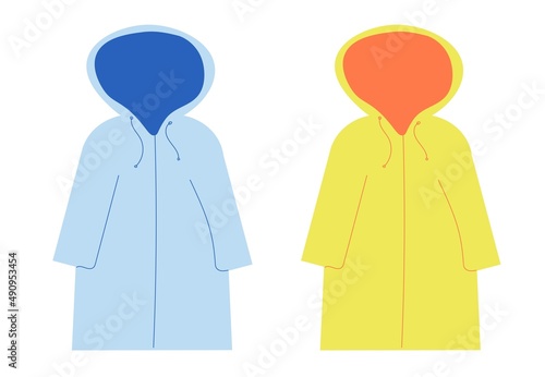 Spring outerwear. Cartoon children seasonal spring, summer, autumn clothes. Waterproof Hooded Raincoat, Raincoat, Vector simple set of colored clothes for Boys and girls in bright colors
