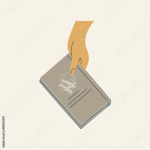 Woman's hand holding closed book flat cartoon vector illustration isolated on white background. Student arm. Education and knowledge concept. Swap literature event, library day, culture festival