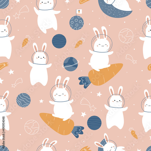 Space seamless pattern with cute kawaii rabbit, carrots, stars, planets and rocket. Cartoon bunny on pink background. Vector illustration.