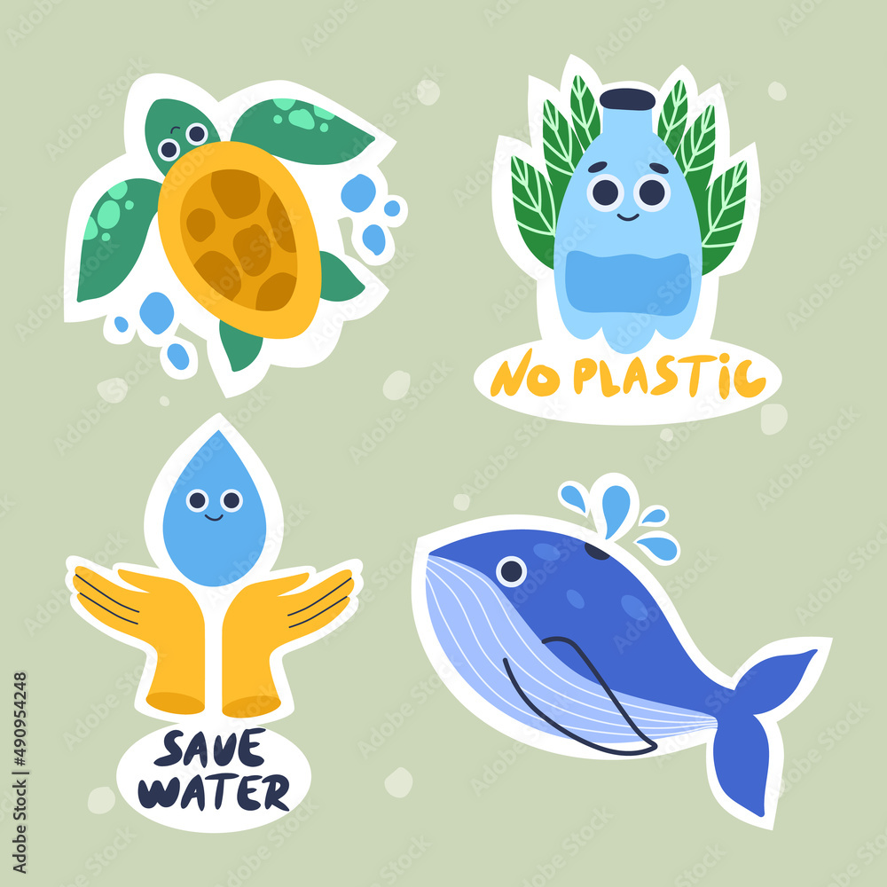 Save the environment. Stickers set. Zero waste concept. Vector illustration.