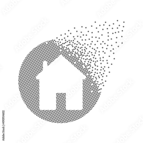 House sign pixel dots. Architecture, Investment and flimsy house pixel art. Integrative pixel movement. Creative dissolved moving dot art. Modern icon creative ports vector design.